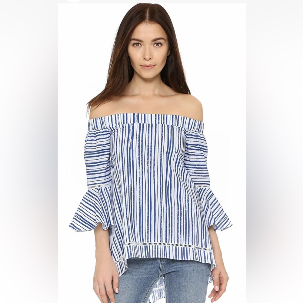 NICHOLAS Off-Shoulder Blue and White Striped Blouse